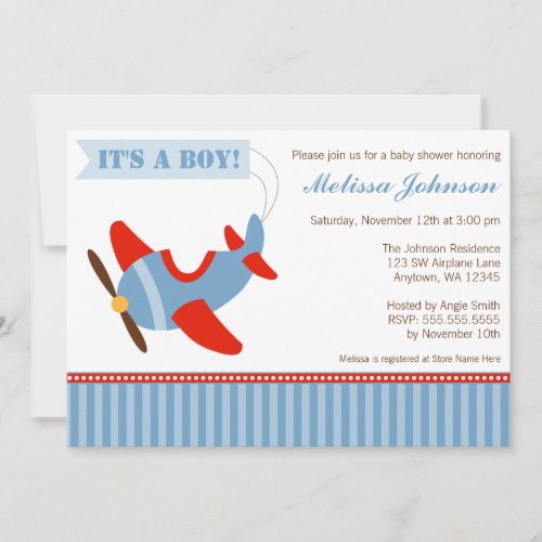 Airplane Stripes Red Blue Boy Baby Shower Invitation