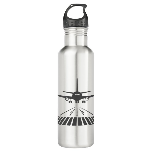Airplane Taking Off Runway Illustration Stainless Steel Water Bottle (Front)
