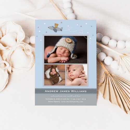Airplane Teddy Baby Boy Blue and Gray Photo Birth Announcement