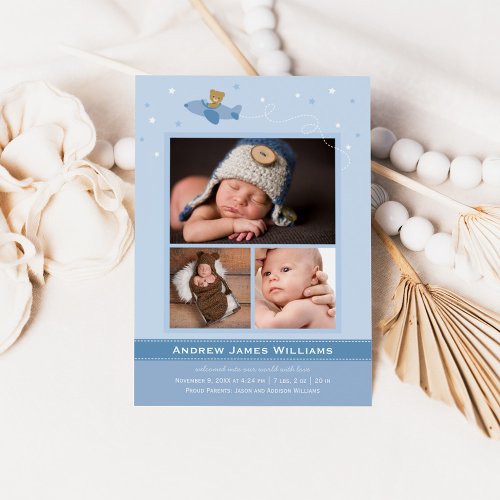Airplane Teddy Baby Boy Blue and Slate Photo Birth Announcement