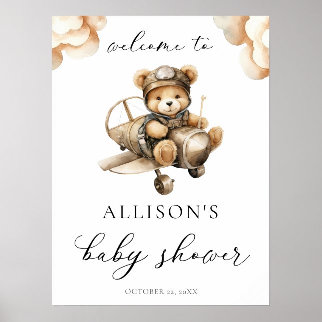 Airplane teddy bear baby shower welcome sign (Front)