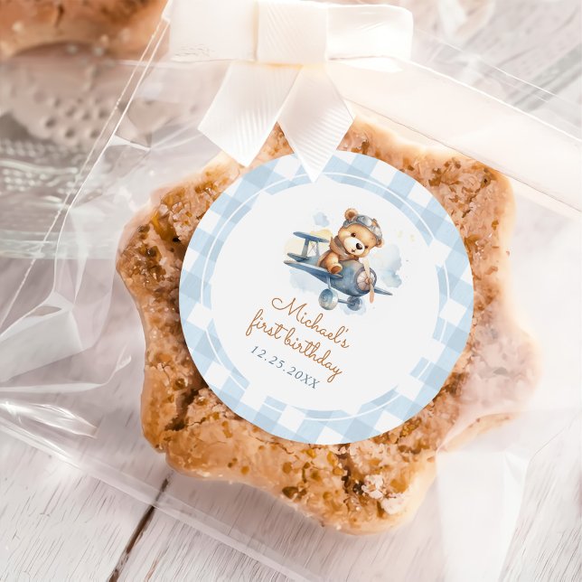 Airplane Teddy Bear Blue 1st Birthday Classic Round Sticker (Creator Uploaded)