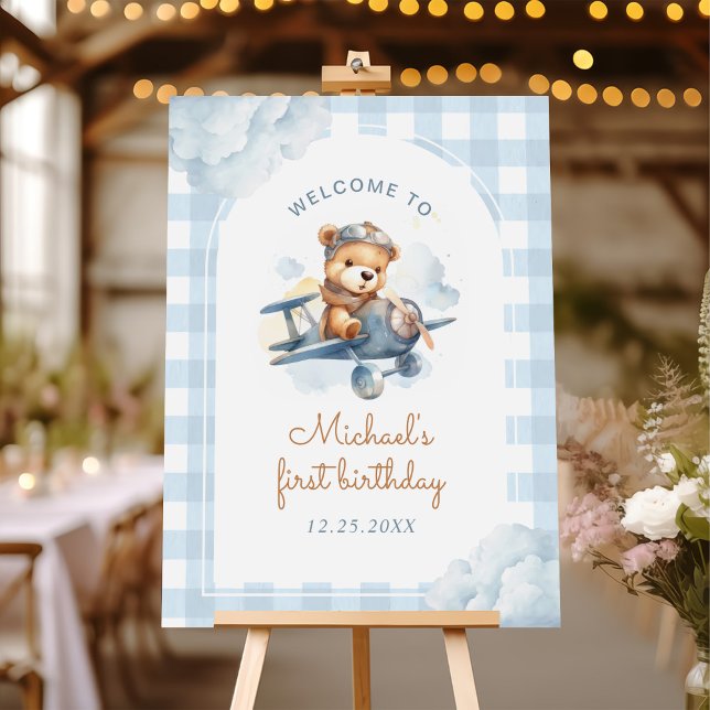 Airplane Teddy Bear Blue 1st Birthday Foam Board (Creator Uploaded)