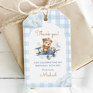 Airplane Teddy Bear Blue 1st Birthday Gift Tags