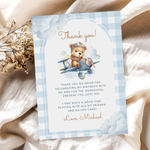 Airplane Teddy Bear Blue 1st Birthday Thank You Card
