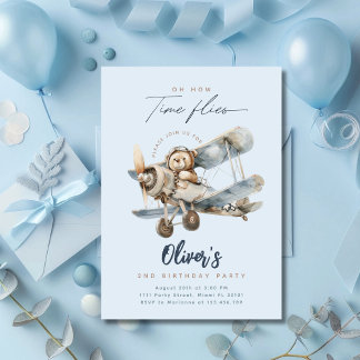 Airplane Teddy Bear Blue Time Flies Birthday Invitation