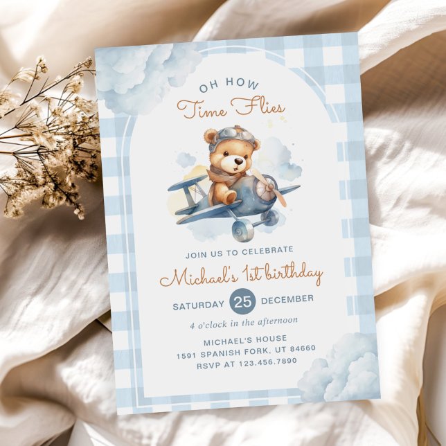 Airplane Teddy Bear Blue Time Flies Birthday Invitation (Creator Uploaded)