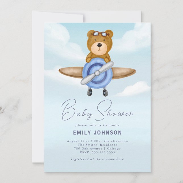 Airplane Teddy Bear Boy Baby Shower Invitation (Front)