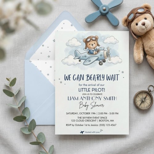 Airplane Teddy Bear Boy Baby Shower Invitation