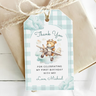 Airplane Teddy Bear Pastel Gingham 1st Birthday Gift Tags