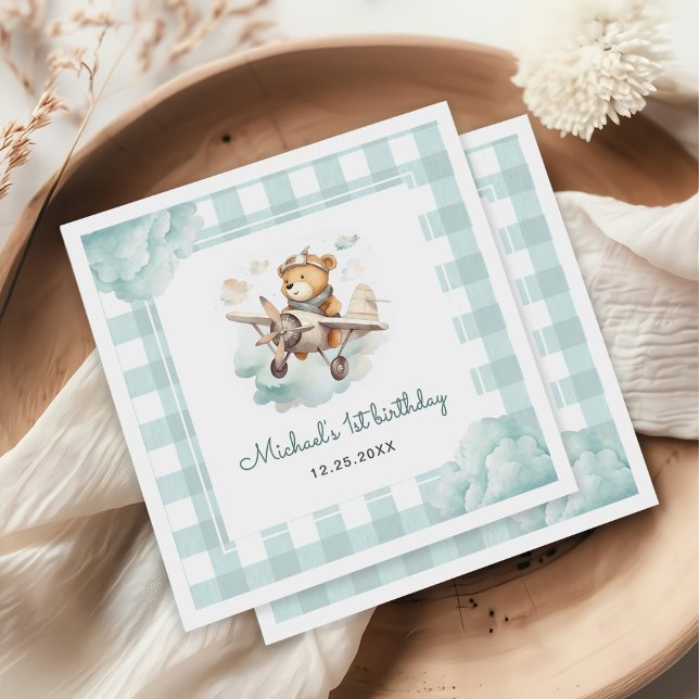 Airplane Teddy Bear Pastel Gingham 1st Birthday Napkins (Creator Uploaded)