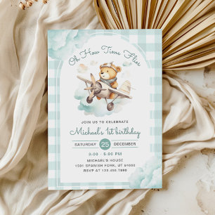 Airplane Teddy Bear Pastel Time Flies Birthday Invitation