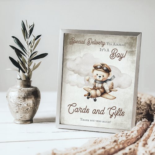 Airplane Teddy Bear Shower Cards and Gifts Sign