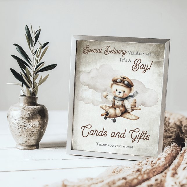 Airplane Teddy Bear Shower Cards and Gifts Sign ("Special Delivery Via Airmail  It's A Boy!" Teddy Bear Airplane Baby Shower Cards and Gifts Sign)