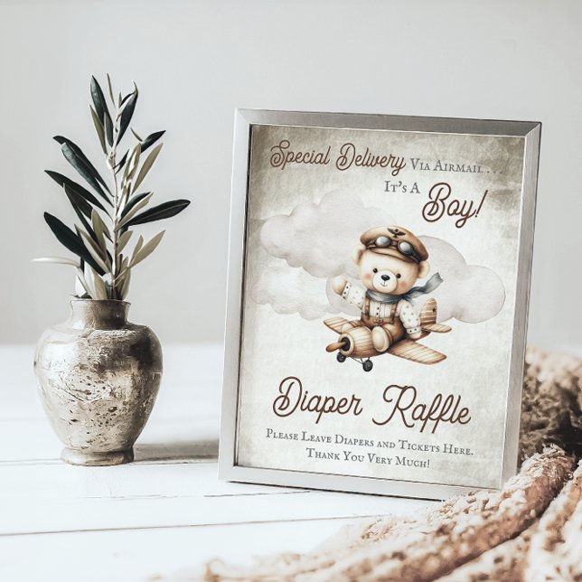 Airplane Teddy Bear Shower Diaper Raffle Sign ("Special Delivery Via Airmail  It's A Boy!" Teddy Bear | Airplane Baby Shower Diaper Raffle Sign)