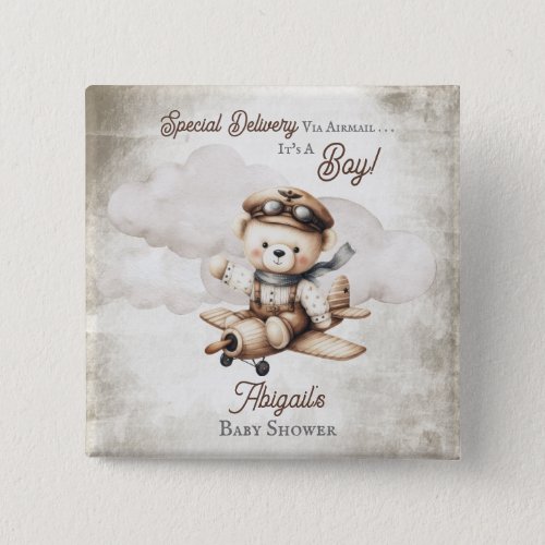 Airplane Teddy Bear Special Delivery Baby Shower Button