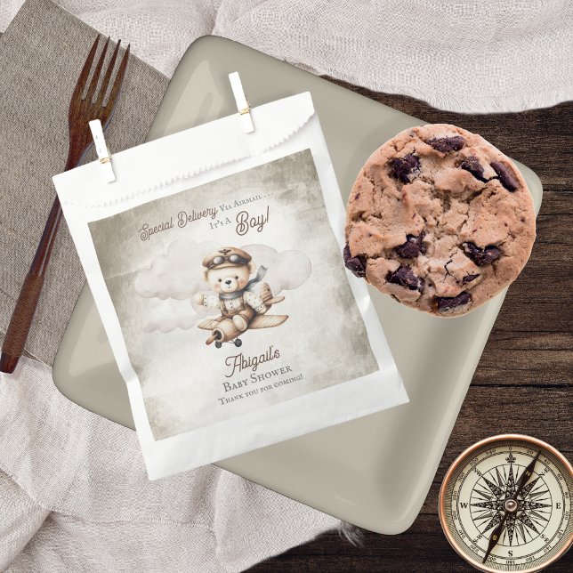 Airplane Teddy Bear Special Delivery Baby Shower Favor Bag (Cute "Special Delivery Via Airmail . . . It's A Boy!" Teddy Bear | Airplane Baby Shower Favor Bags)