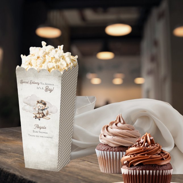 Airplane Teddy Bear Special Delivery Baby Shower Favor Boxes ("Special Delivery Via Airmail . . . It's A Boy!" Teddy Bear | Airplane Baby Shower Popcorn Favor Box)