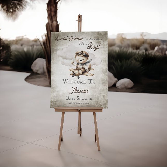 Airplane Teddy Bear Special Delivery Baby Shower Foam Board (Cute "Special Delivery Via Airmail It's A Boy!" Airplane | Teddy Bear Baby Shower Foam Board Sign)