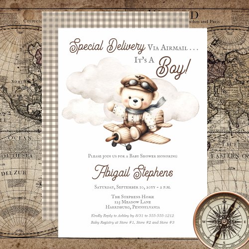Airplane Teddy Bear Special Delivery Baby Shower Invitation