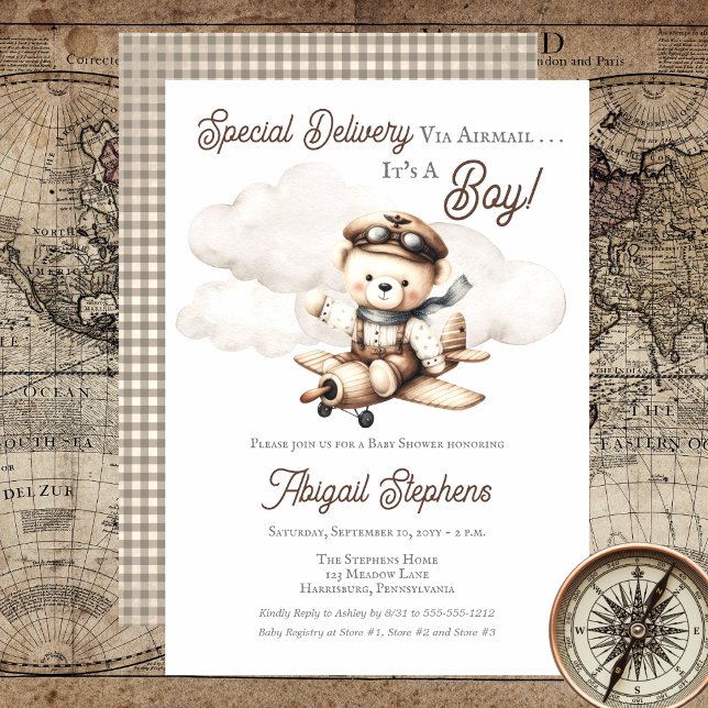 Airplane Teddy Bear Special Delivery Baby Shower Invitation (Cute "Special Delivery Via Airmail . . . It's A Boy!" Teddy Bear | Airplane Baby Shower Invitation)