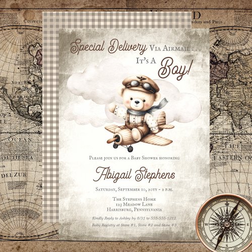 Airplane Teddy Bear Special Delivery Baby Shower Invitation