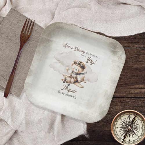 Airplane Teddy Bear Special Delivery Baby Shower Paper Plates