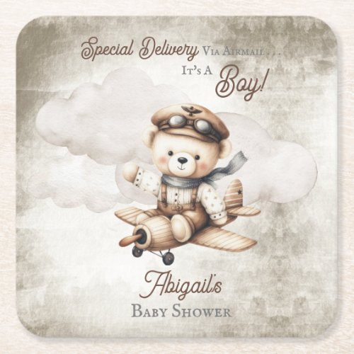 Airplane Teddy Bear Special Delivery Baby Shower Square Paper Coaster