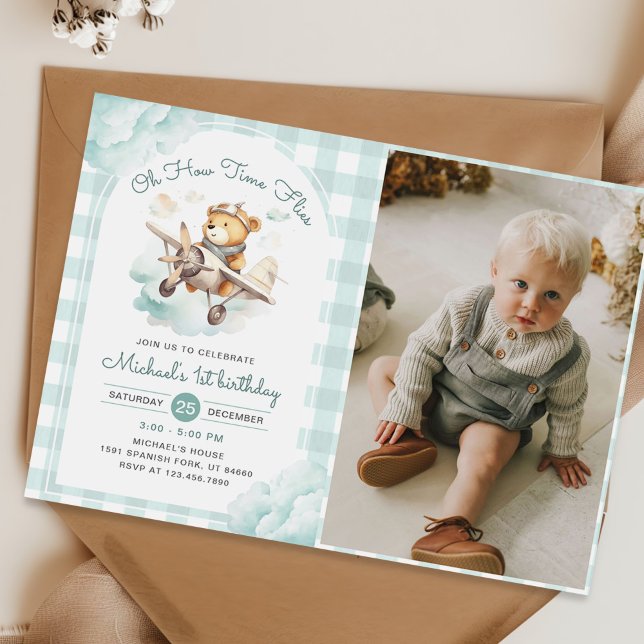 Airplane Teddy Bear Time Flies Birthday Photo Invitation (Creator Uploaded)