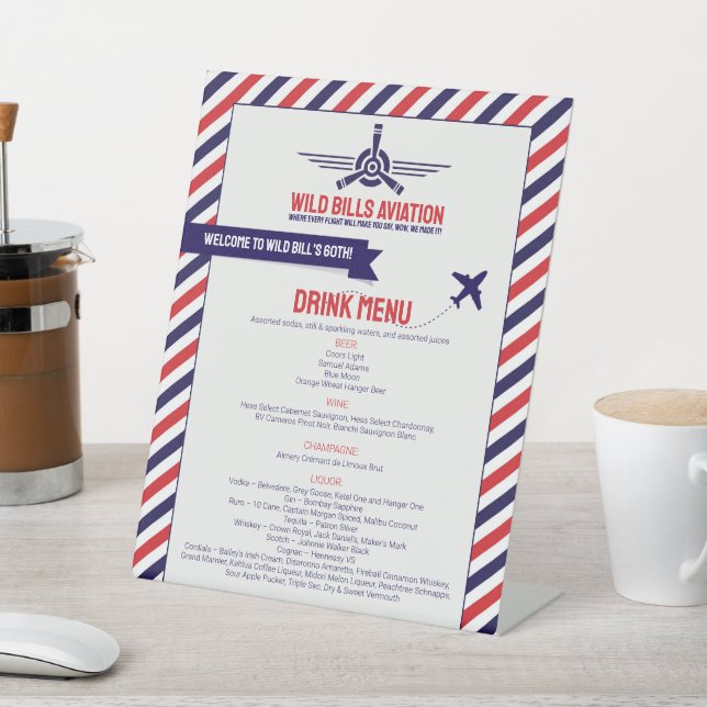 Airplane Themed Drink Menu - Aviation, Pilot Menu Pedestal Sign (In SItu)