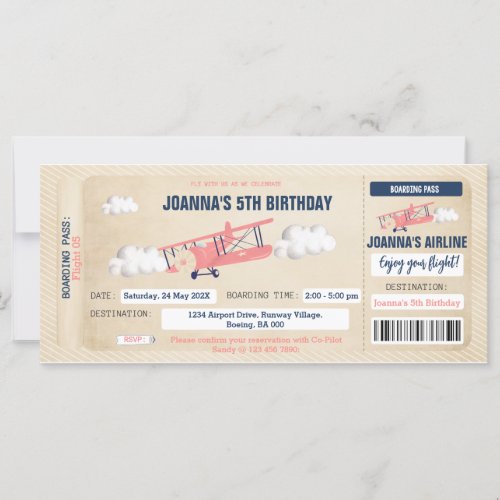 Airplane Ticket Birthday Invitation for a Girl