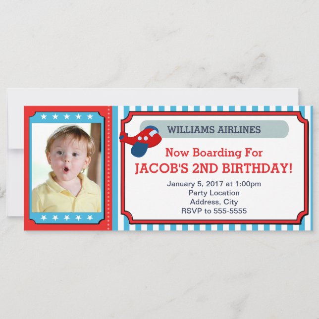 Airplane Ticket Birthday Invitation Photo Card (Front)