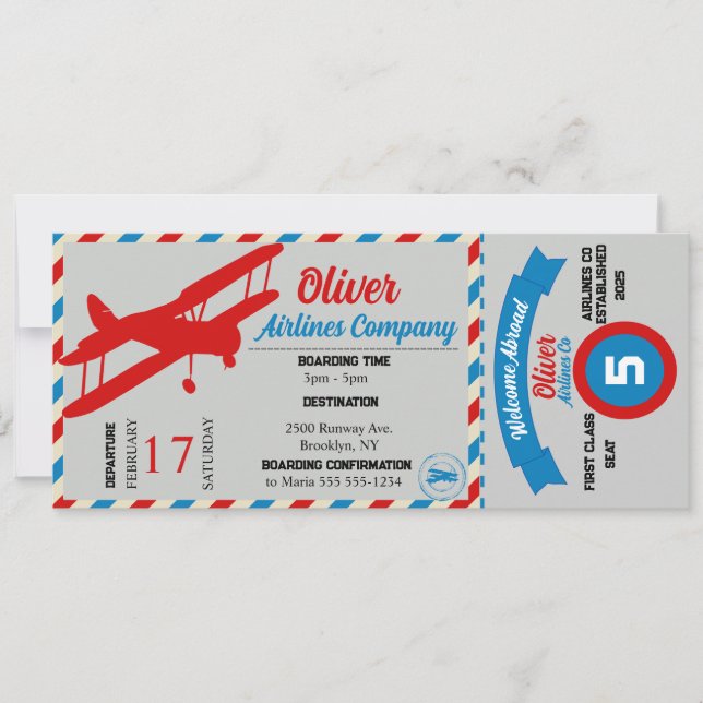 Airplane Ticket Birthday Party Invitation (Front)