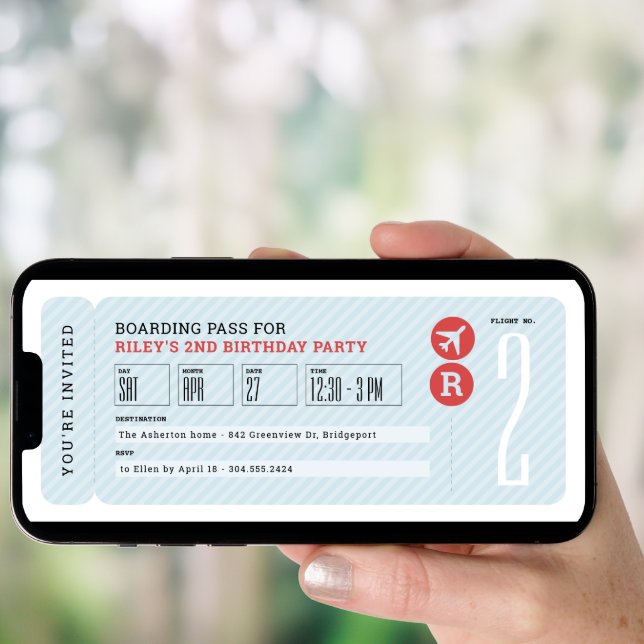Airplane ticket boarding pass kids birthday party invitation (Front Digital)