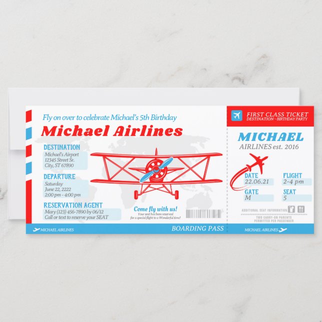 Airplane Ticket Boarding Pass Style Invitation (Front)