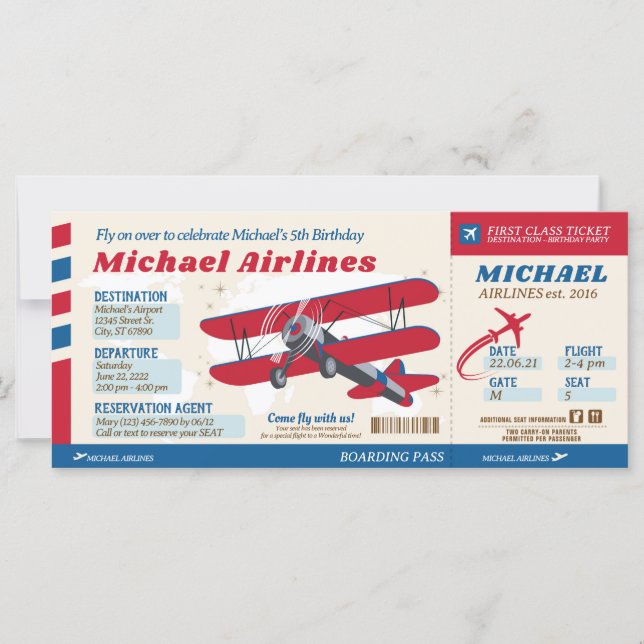 Airplane Ticket Boarding Pass Style Invitation (Front)