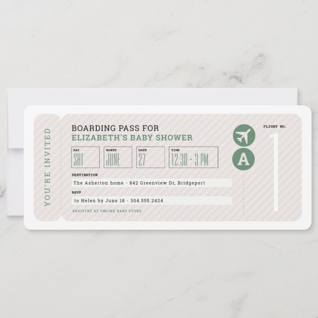 Airplane ticket travel theme neutral baby shower invitation (Front)
