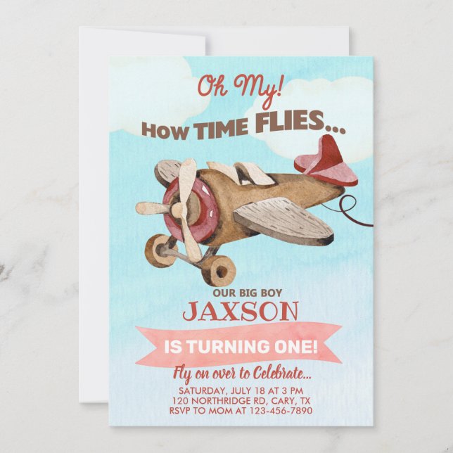Airplane time flies boy 1st first birthday invite. invitation (Front)