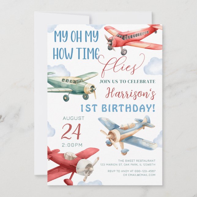 Airplane Time flies Plane Birthday Invitation (Front)