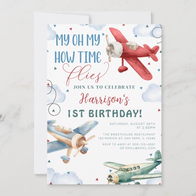 Airplane Time flies Plane Party Birthday Invitation (Front)