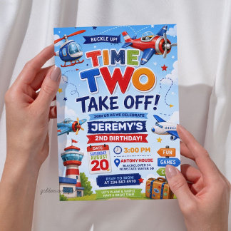 Airplane Time Two Take Off 2nd Birthday  Invitation