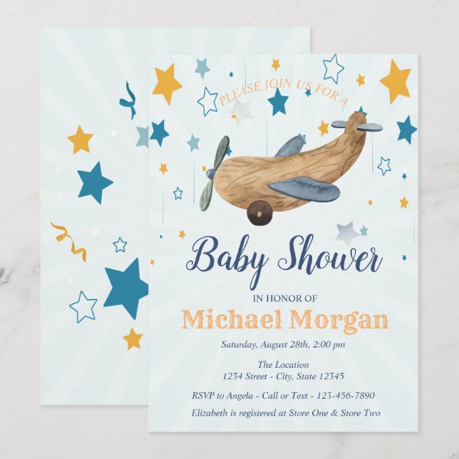  Airplane Toy, Stars Baby Shower  Invitation (Front/Back)
