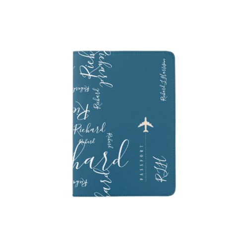 airplane travel handwritten name pattern on blue passport holder