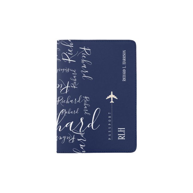Airplane Travel Handwritten Name Pattern on Blue Passport Holder (Front)