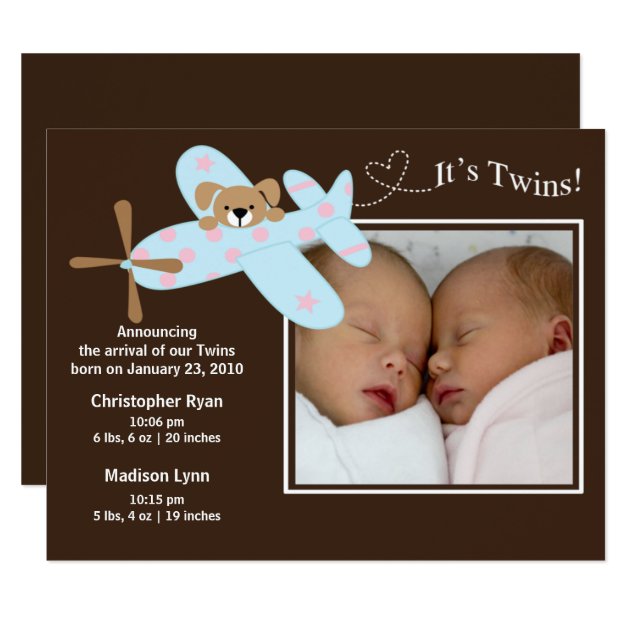 Airplane Twins Girl & Boy Birth Annoucement Invitation