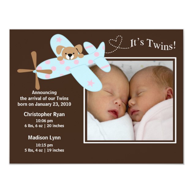 Airplane Twins Girl & Boy Birth Annoucement Invitation