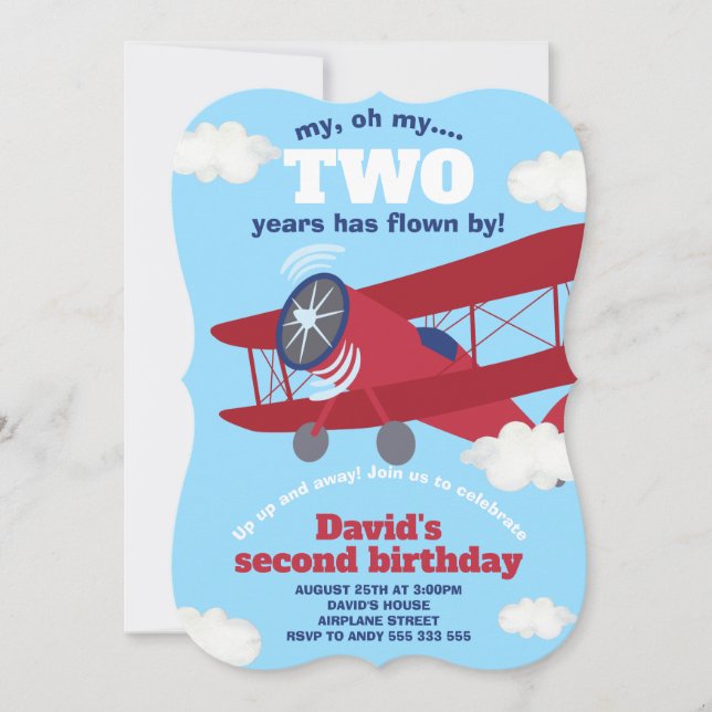 Airplane TWO Years Flown Boy 2nd Birthday Invitation (Front)