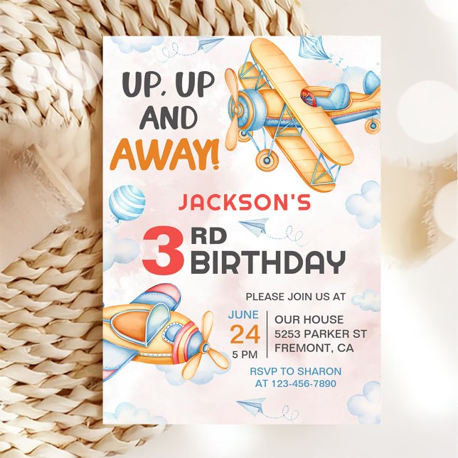 Airplane Up & Away 3rd Birthday Party Invitation (Creator Uploaded)
