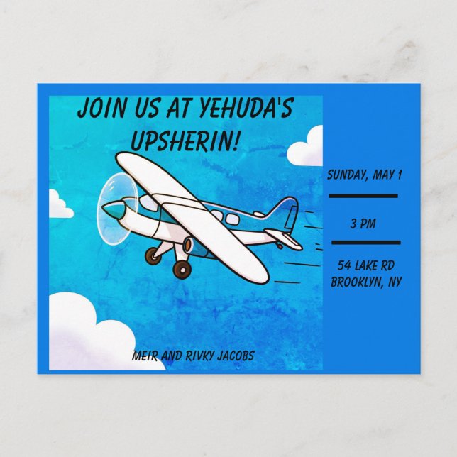 Airplane upsherin invitation postcard (Front)