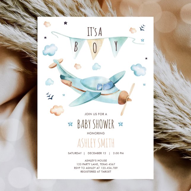 Airplane Vintage Adventure It's a Boy Baby Shower Invitation (Creator Uploaded)